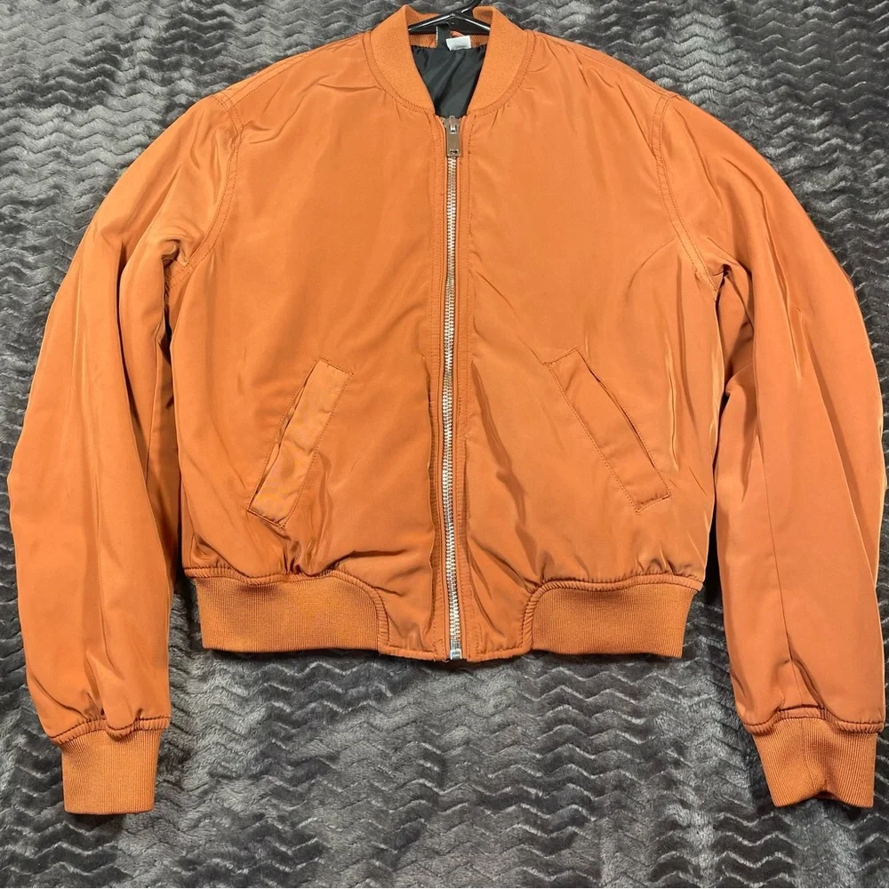 H&M Divided Crop Full Zip Bomber Jacket, Brown Satin, womens size S. #